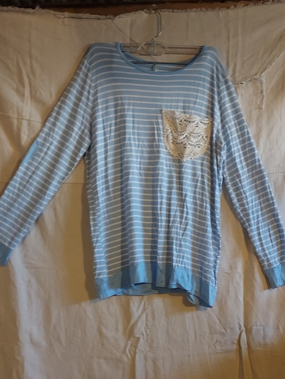 Light Blue Stripe Long Sleeve Top with Lace Pocket